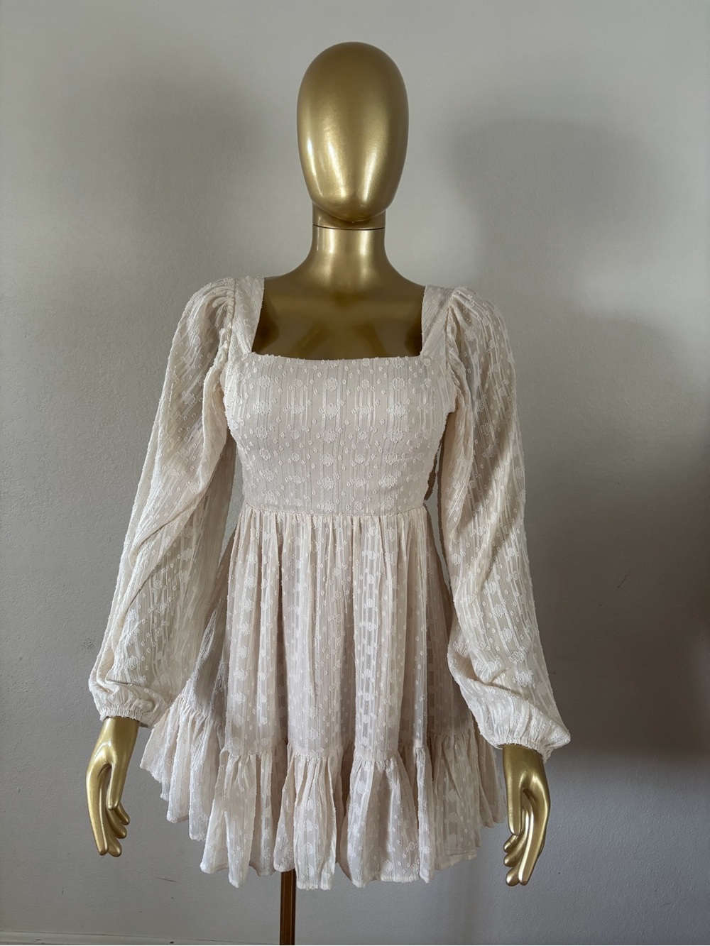 Women's Cream Long-Sleeve Square-Neck Ruffle Dress